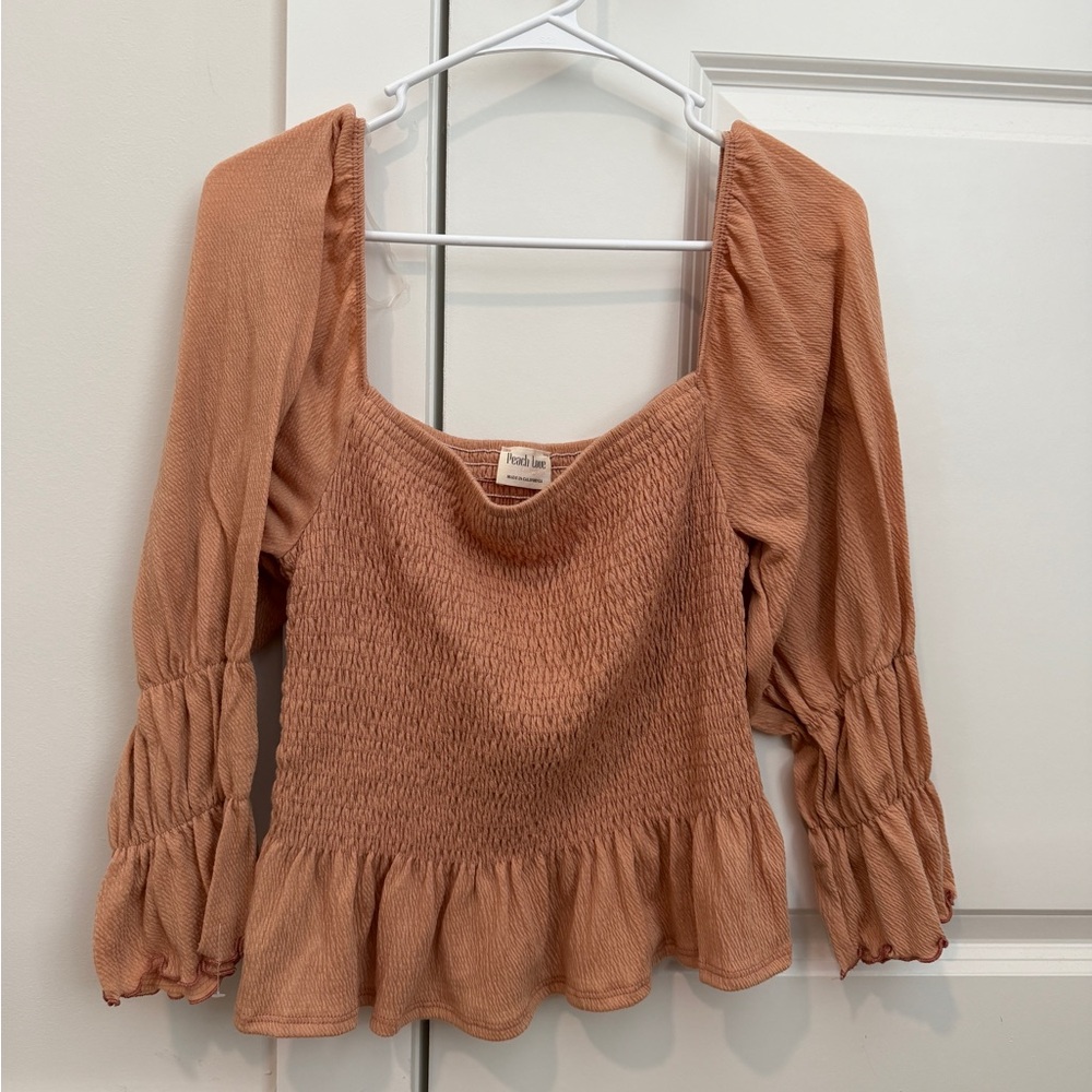 Peach Love California Rust Smocked Peplum Blouse